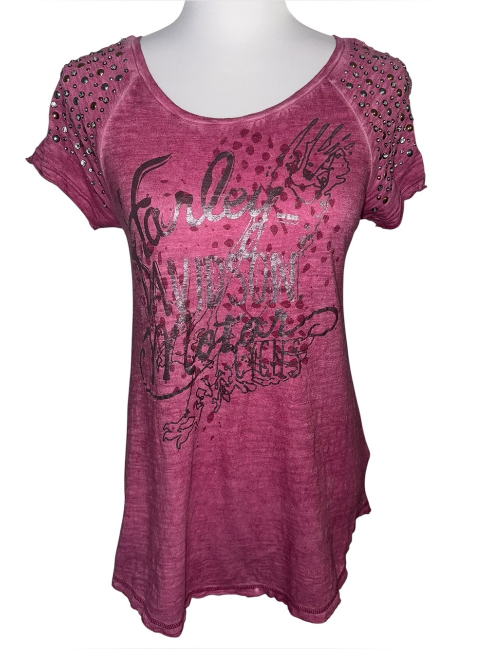 Harley Davidson Studded Burnout Graphic Top Pink Short Sleeve Women’s McBling